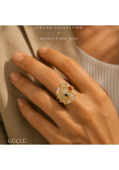 Riody Atelier No.01 Mosaic Stone Ring Koleksiyon Serisi Doğal Taş Statement Ring Sarı Altın