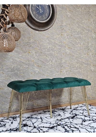 Zafir Metal Gold Tel Ayaklı 100 Cm Puf Bench - Puf - Bench - Oturak - Mutfak Oturağı - Antre Oturağı Yeşil