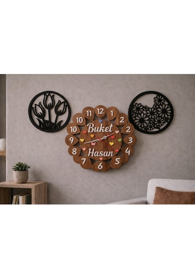 Duvar Saati 40 Cm Çiçekler 30 Cm Kişiye Özel No 1012 Çok Renkli