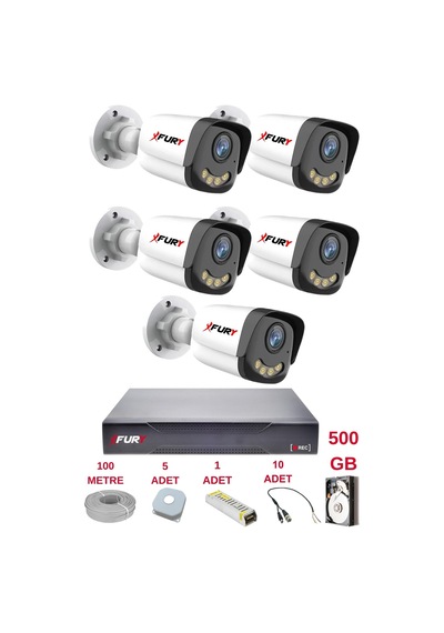 Fury 5 Kameralı 4 Warm Led Gece Renkli Görüş-cepten İzle-su Geçirmez Güvenlik Kamerası Seti 500gb
