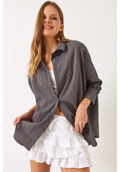 Shade Kadın Düşük Omuz Oversize Basic Bürümcük Gömlek 60392 60271069 - Füme