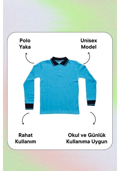 Lacivert Yakalı Turkuaz Uzun Kol Düz Renk Lakos Sweat Polo Yaka Sweatshirt