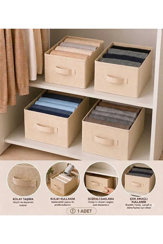 1 Adet Krem Kumaş Katlanabilir Dolap İçi Düzenleyici Kutu 45x30x20 Cm Kıyafet Ve Giysi Organizer Saklama Kutusu Bej