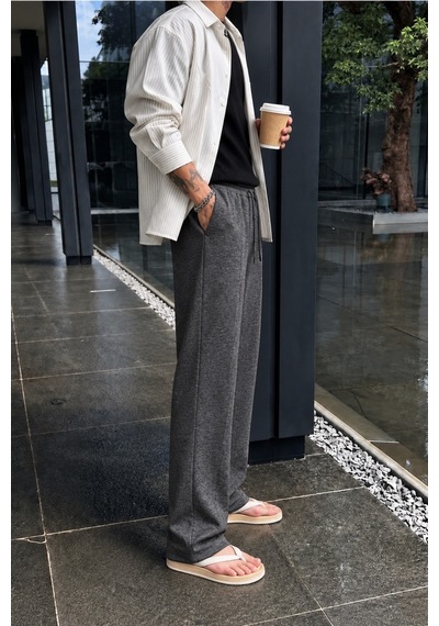 Tarz Cool Erkek Regular Fit Düz Paça Bağcıklı 2 İplik Pamuklu Pantolon Eşofman Alt Füme
