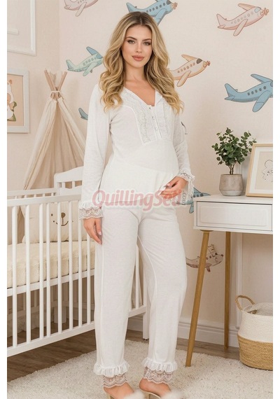 Lady Ekru Renkli Dantel Detaylı 33208 Uzun Kol 2 Parça Lohusa Hamile Pijama Takımı