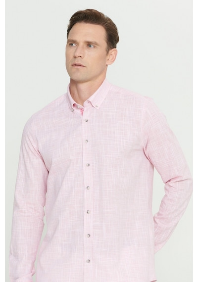 AC&Co / Altınyıldız Classics Erkek Bordo Slim Fit Dar Kesim Düğmeli Yaka Keten Görünümlü %100 Pamuk Flamlı Gömlek - Bordo