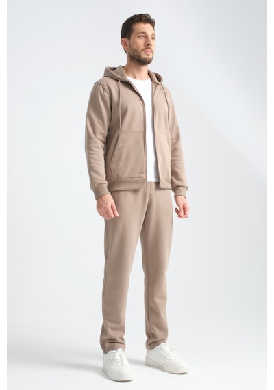 Shooter Sportswear Erkek Kışlık Eşofman Takımı Thermosoft Teknolojisi İçi Kuzu Görünümlü Regular Kalıp Minimal Logo Kapüşonlu Vizon