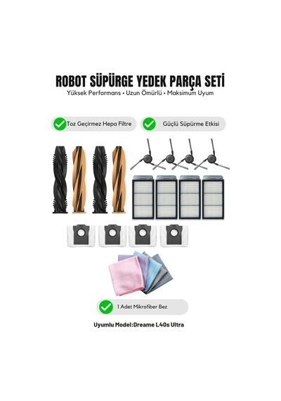 Dreame L40s Ultra İle Uyumlu 2 Ana Fırça 4 Yan Fırça 4 Filtre 4 Toz Torbası 1 Temizlik Bezi 16.0
