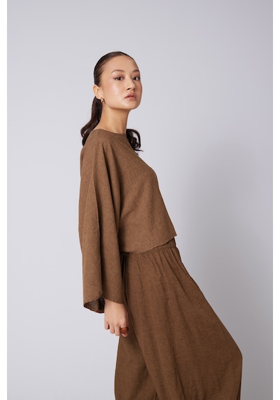 Keten Karışımlı Pelerin Bluz Olive