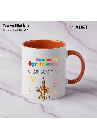 Kişiye Özel İsimli Canım Öğretmenim Tasarımlı Kupa Bardak Öğretmenler Günü İçin Hediyelik Turuncu