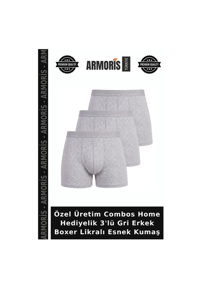 Armoris Özel Üretim Combos Home Hediyelik 3'lü Gri Erkek Boxer Likralı Esnek Kumaş