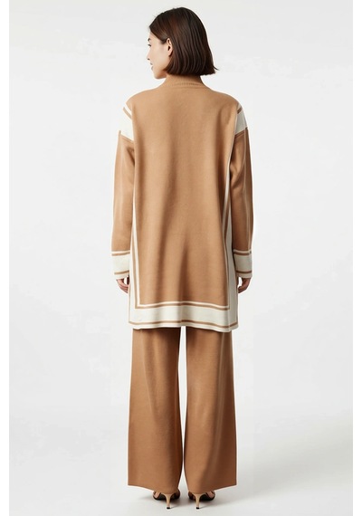Benerly Kadın Büyük Beden Oversize Triko Tunik Pantolon Takımı Renk Blokl Camel
