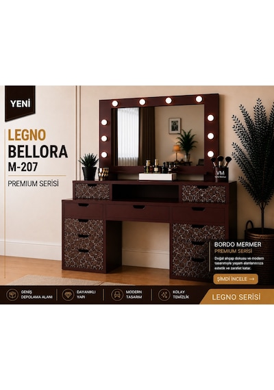 Legno Bellora Premıum Aynalı Bordo Mermer Desenli Makyaj Masası Çok Renkli