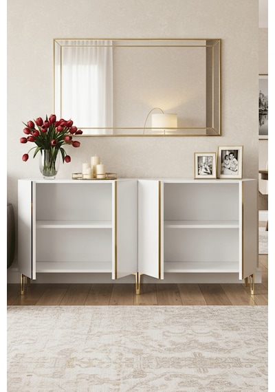 Ka1598bg Anka150 Konsol, Kahve Köşesi, Tv Sehpası Ve Dolap Beyaz - Gold 150cm