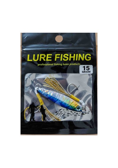 15 Gram Metal Jig Balık Maket Holografik Mavi Gümüş Parlak Gövdeli Simli Püsküllü Çift Iğneli