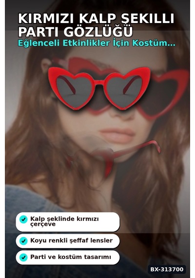 Kırmızı Kalp Şekilli Parti Gözlüğü 15x5 Cm 40 Adet Toplu Kullanımlık Plastik Bx-313700 +0
