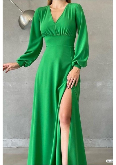 Lior Design Kadın Vintage V Yaka Yırtmaçlı Maxi Uzun Kollu Abiye Elbise Yeşil