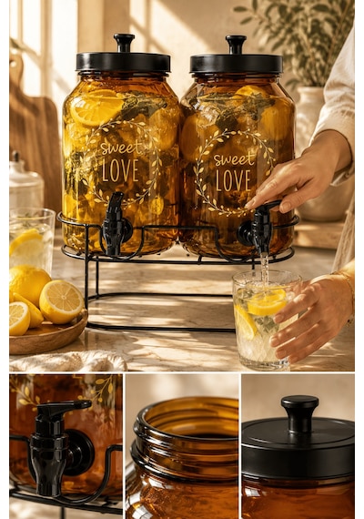 2'li Amber Cam İçecek Sebili Musluklu Standlı Limonata Dispenseri Sunumluk Set 4 L + 4 L