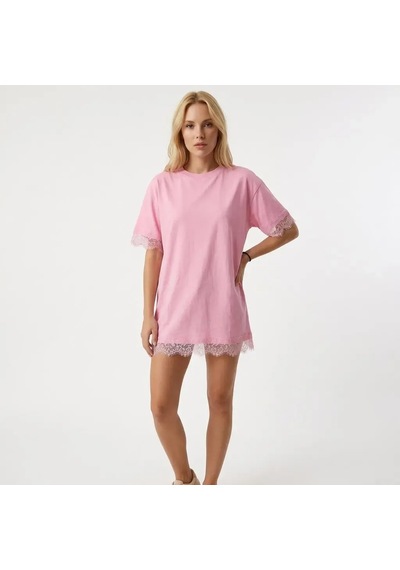 Kadın Bisiklet Yaka Dantel Detay Oversize Penye Bluz 26005 Ekru