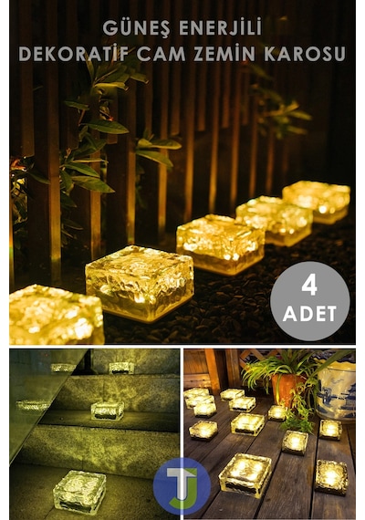 Technojet 4 Adet Solar Güneş Enerjili 4 Ledli Zemin Dekoratif Bahçe Aydınlatma Kristal Led Sarı Işık