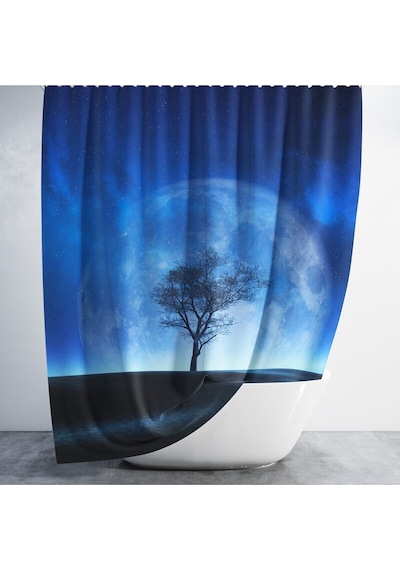 Banyo Duş Perdesi Ay Desen Manzaralı Dijital Baskılı Banyo Perdesi, Tek Kanat C Halkalı-180x200 Cm Koyu Mavi