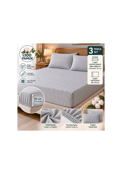Slc Home %100 Pamuk Kumaş 160 X 200 Cm Lastikli Çarşaf 2li Yastık Kılıflı Dahil Çift Kişilik 3lü Set Gri - 939639330 Gri
