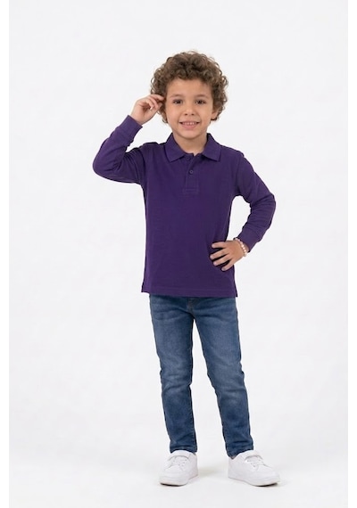 Nacar Store Unisex Çocuk Uzun Kollu Polo Yaka Lakost Okul Tişörtü Mor
