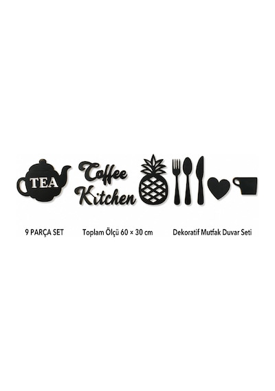 Arliadesign 9 Parça Dekoratif Mutfak Duvar Süsü 60 30 Cm Siyah Mdf Coffee Kitchen Çaydanlık Çatal Kaşık Seti