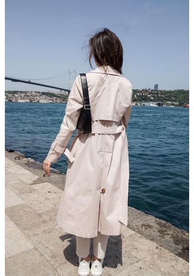 Pastelastore Esnek Pamuk Gabardin Uzun 110cm Astarsız Kadın Trençkot 1117 Taş Rengi Taş