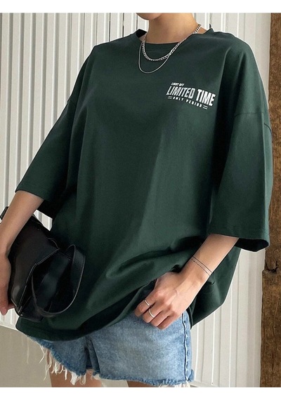 Flood Of Style Kadın Nefti Yeşili Oversize Limited Time Baskılı Tshirt Yeşil
