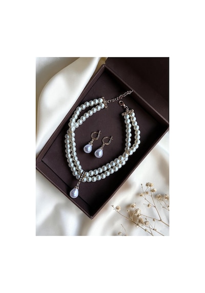 Zirkon Taşlı Tasma Choker İnci Kolye Ve İnci Küpe Seti Düğün Nikah Kına Beyaz 96662388