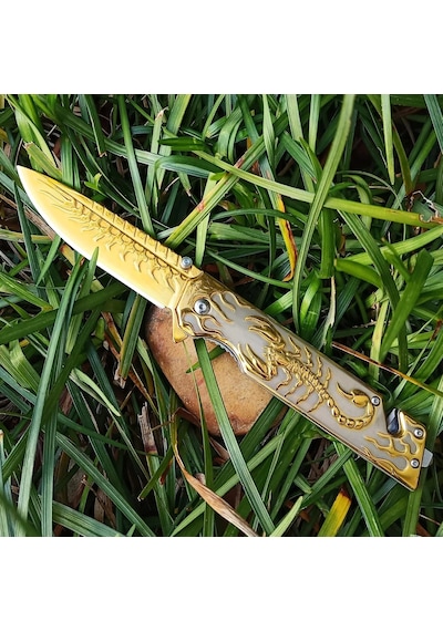 Knivox Sibirya Company S2076 Gold Akrep İşlemeli Kurtarma Kamp Çakısı Altın
