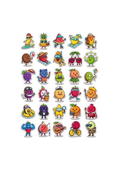 30 Adet Eğlenceli Yaz Meyveleri Sticker Seti - Laptop Defter Telefon Su Matarası İçin Çok Renkli