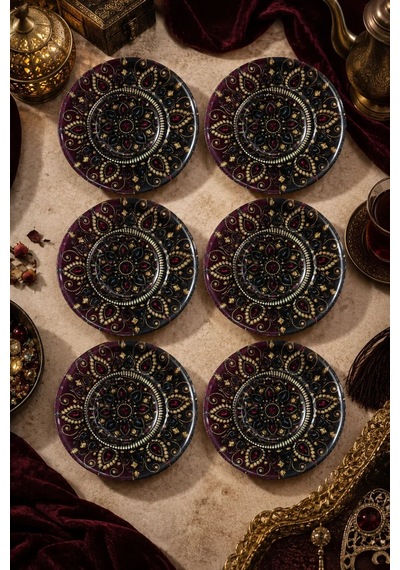 6 Lı Cam Çay Tabağı - Yakut Mücevher Desenli 12 Cm - 6 Adet Çay Tabak Siyah