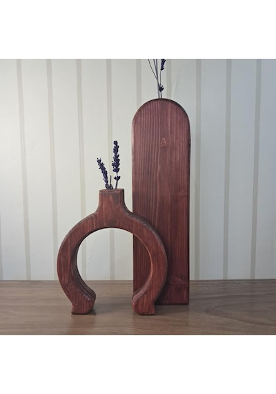 Rustik Ahşap Vazo Seti, El Yapımı Çam Ağacı, Ceviz Antik Mat Kaplama, 2 Parça Dekoratif Çiçeklik, 35x10 Cm Ve 2 Çok Renkli