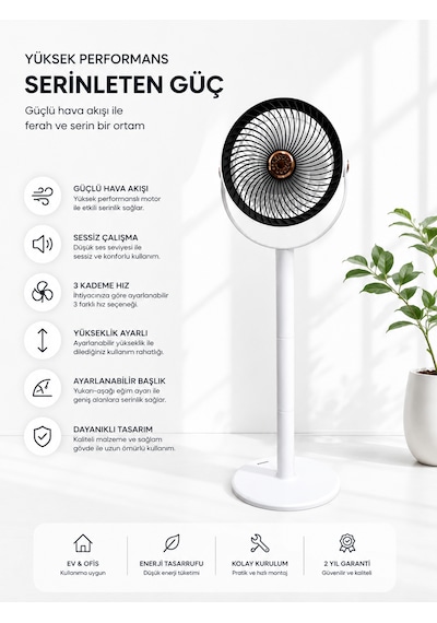 Vantilatör 3 Kademeli Ayaklı Fan 10 Watt Sessiz Çalışma Şarjlı Bataryalı 4000 Mah Type C Port