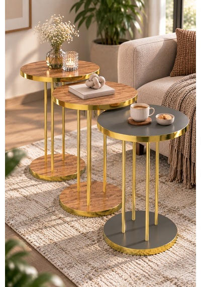 Sulorahome Ceviz Desenli Gold Ayaklı Yuvarlak 3'lü Zigon Sehpa Takımı Altın - Kahverengi