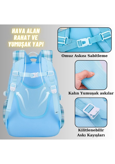 Kız Çocuk Okul Sırt Çantası Ergonomik Özel Tasarım Çok Bölmeli Geniş Kapasite Okul Çantası MAvi