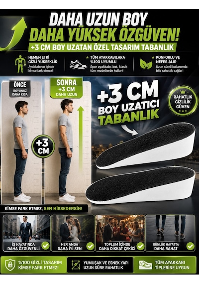3 Cm Boy Uzatıcı Tabanlık Gizli Topuk Yükseltici Tam Boy Iç Taban Rahat Ve Dayanıklı