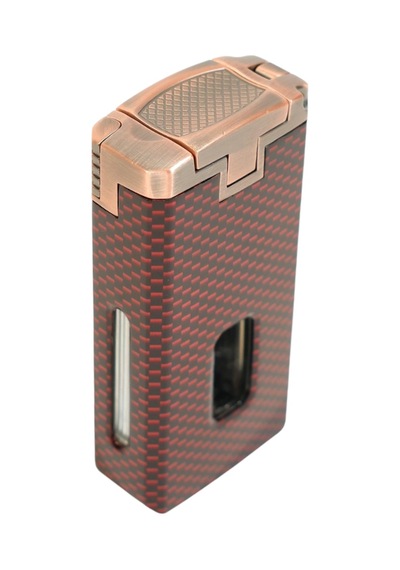 Cohiba Çift Torch Pürmüz Dahili Kesici Delicili Kırmızı Karbon Desenli Bronz Metal Puro Çakmağı - Tr9586