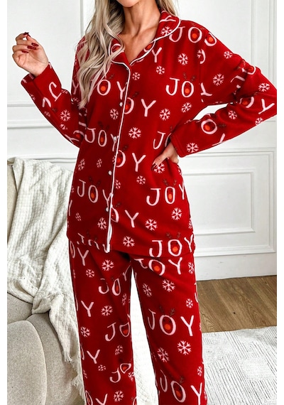 Nisanca Kışlık Yılbaşı Desenli Kadın Gömlek Polar Pijama Takımı- Geyikli Yılbaşı Pijaması Kırmızı