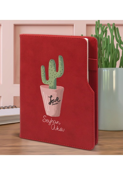 Bk Gift Kişiye Özel Kaktüs Tasarımlı Kırmızı Termo Deri Not Defteri 15x21cm-5