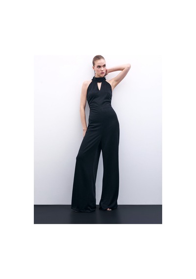 Sateen Kolsuz Parlak Tulum - Siyah-135878 Siyah