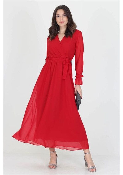 Neşeli Butik Kadın Yeni Sezon Astarlı Kruvaze Yaka Uzun Şifon Elbise Nb003 Kırmızı