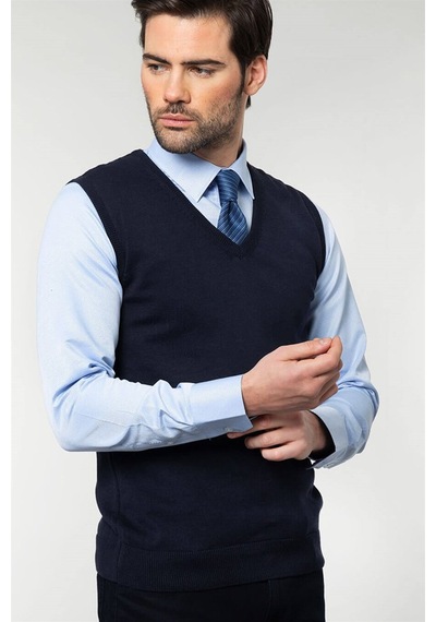 Tudors Slim Fit Dar Kesim V Yaka Kendinden Desenli Erkek Süveter-19144