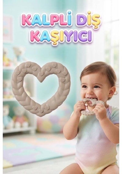 Kalp Şekilli Esnek Bpa İçermeyen Kabartılı Pastel Renkli Oyuncak Bebek Diş Kaşıyıcısı Gri
