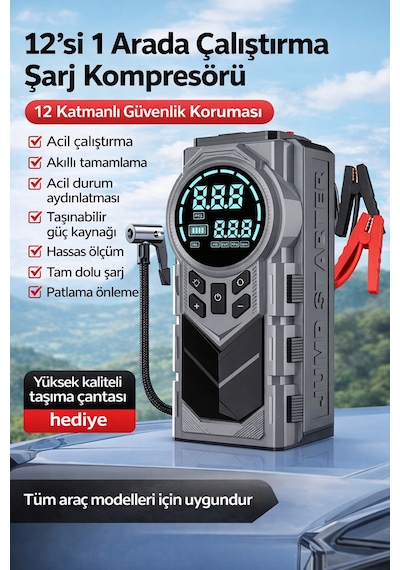 Akü Takviye & Araç Hava Pompası Taşınabilir Çantalı Işıklı Kompresörlü Akü Takviye Cihaz 8000 Mah