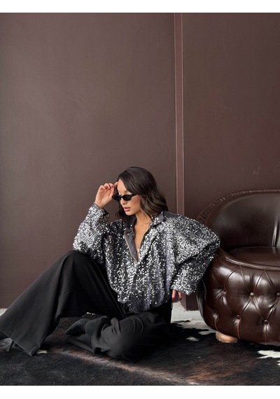 Verymoda Payetli Oversize Kadın Ceket Fermuarlı Işıltılı Şık Üst F2026 Siyah Gümüş