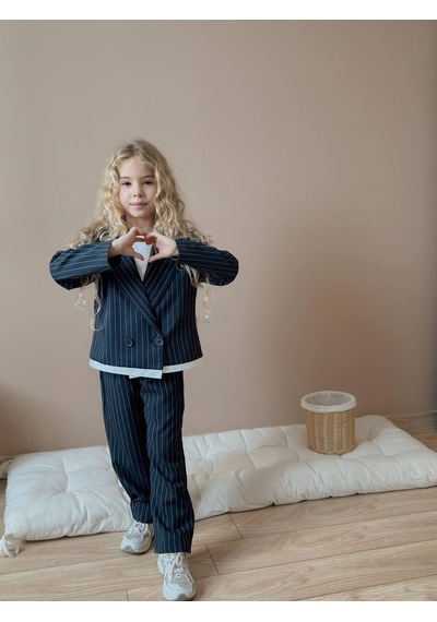 Miniko Kids Kız Çocuk Poliviskon Çizgili Blazer Ceket Pantolon Dokuma Kumaş Takım Lacivert