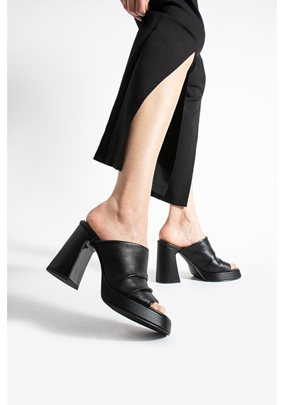 Dericia Shoes Cobalt Kadın Hakiki Deri Yüksek Topuklu Platform Terlik Siyah